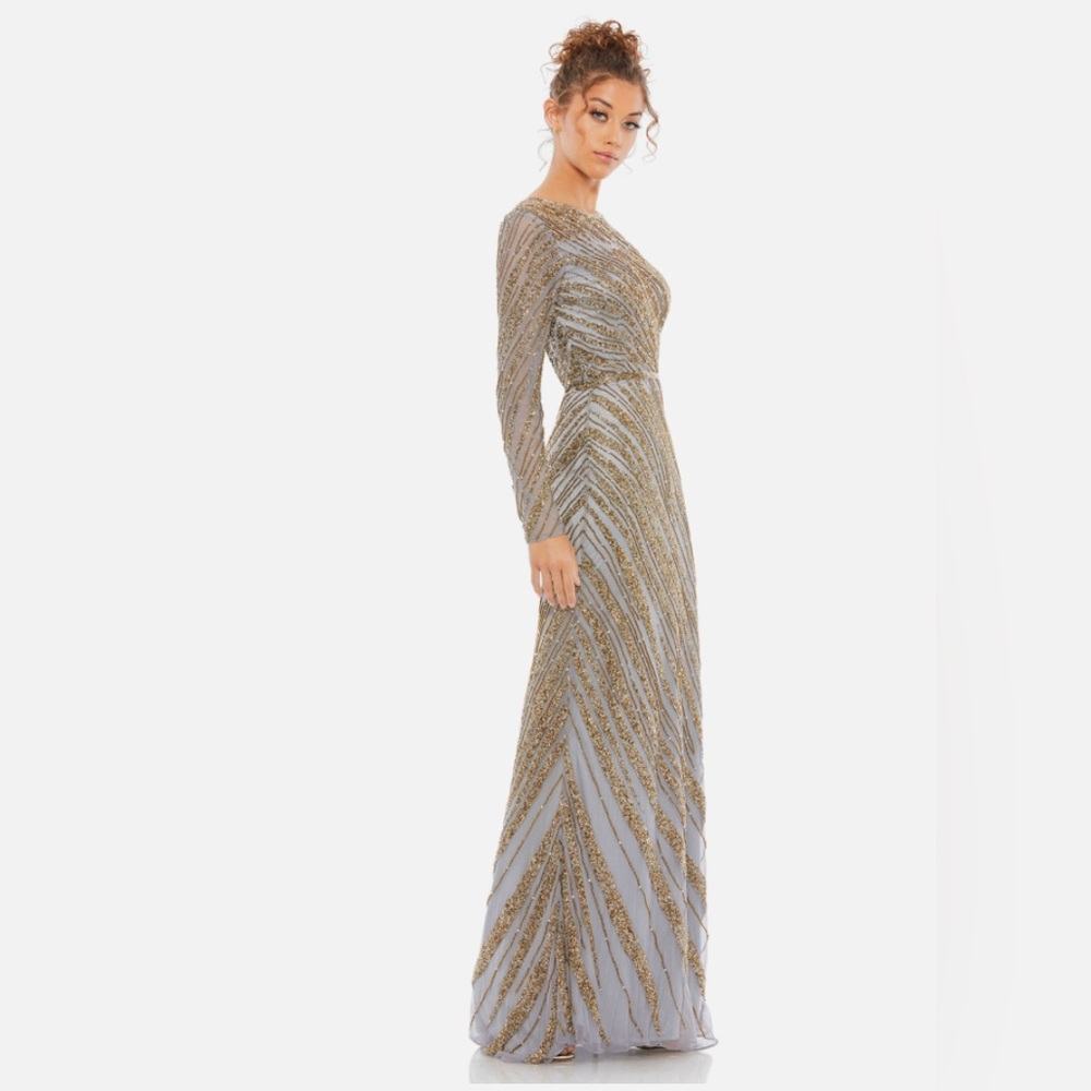 MAC DUGGAL Beaded Long Sleeve Column Gown Mocha Dress Taupe Size 12